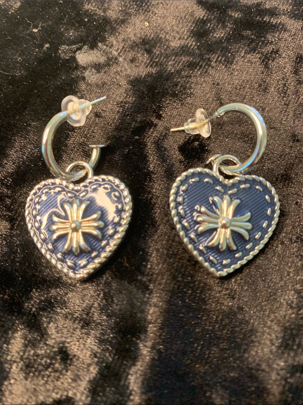 Silver-Tone Navy Heart Drop Earrings with Floral Accent